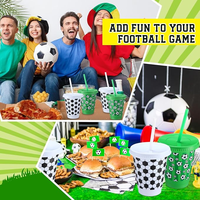 Sieral 30 Pcs Soccer Cups with Straws and Lids 16 oz Football Cups White Green Plastic Tumblers Reusable Iced Coffee Travel Mug for Sport Theme Party Supplies Decorations