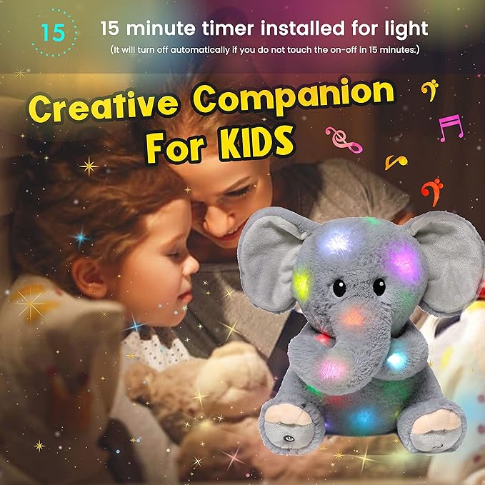 Hopearl LED Musical Stuffed Elephant Lighting Up Singing Plush Toy Adjustable Volume Lullaby Animated Soothe Birthday Festival for Kids Toddler Girls, Gray, 11''