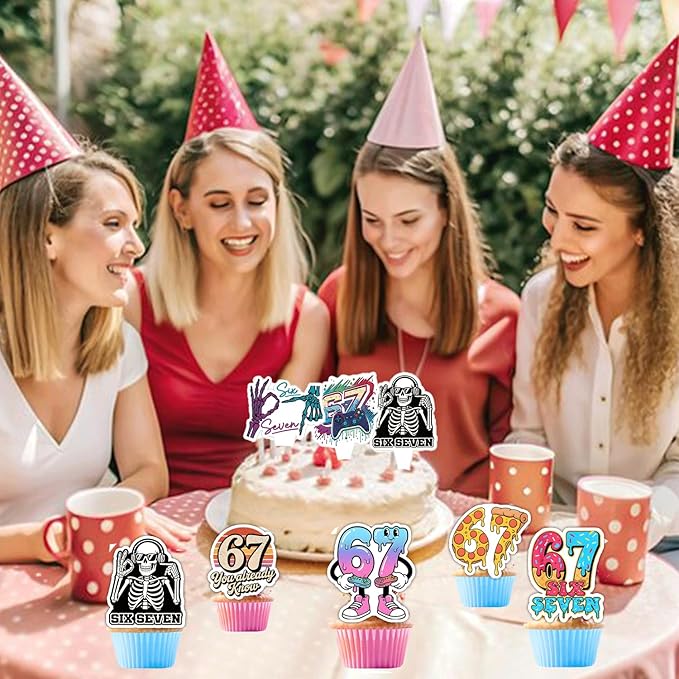 48PCS Six Seven Cupcake Toppers, Funny 6 7 Party Decorations Funny Six Seven Birthday Cake Decorations for Donut Ice Cream Baseball Meme 6 7 Theme Party Supplies
