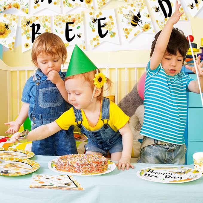 WERNNSAI Bee Plates and Napkins - 48 PCS Happy Bee Day Party Supplies for Kids HoneyBee Party Tableware Set Dinner Dessert Cake Plates Lunch Napkins Serves 16 Guests