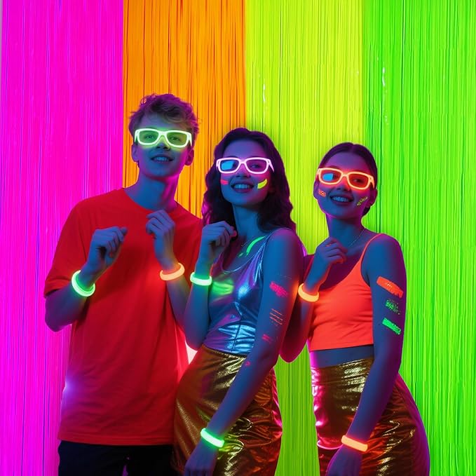Glow in The Dark Tinsel Curtains 4 Pack - Neon Party Decorations 3.3x6.6ft UV Reactive Fluorescent Macaron Backdrop for Neon, Pride, Birthday Decor, Double Colors & Quantity, Pre-Taped, Waterproof