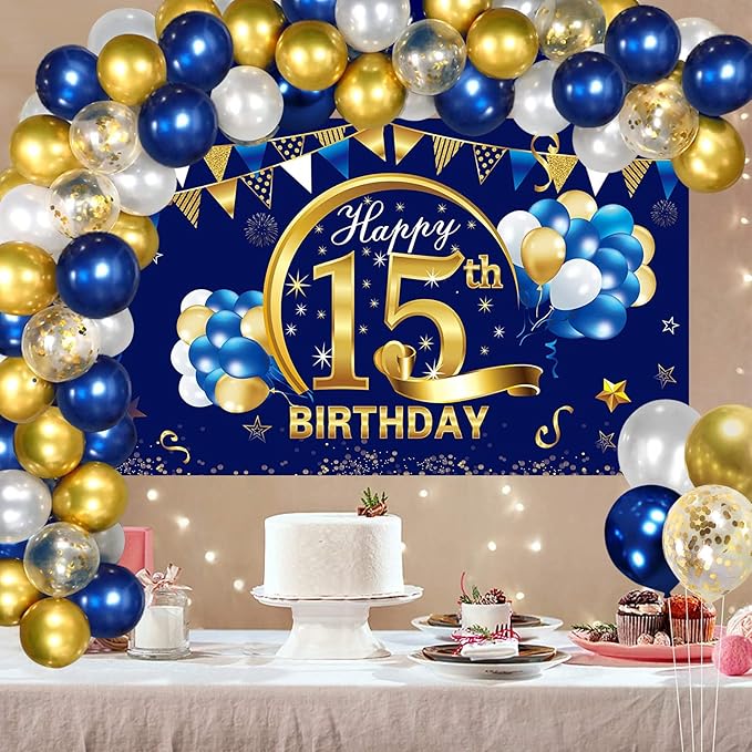 Blue Gold 15th Birthday Banner with Confetti Balloon Arch, Happy Fifteen Banner Balloons Set Party Supplies for Boys, 15 Year Old Birthday Poster