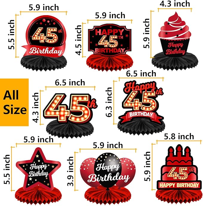 Happy 45th Birthday Red and Black Table Honeycomb Centerpieces Balloons Theme Decor Table Decorations Table Toppers for Girls Women Princess 45 Years Old Birthday Party Bday Supplies Background Gold