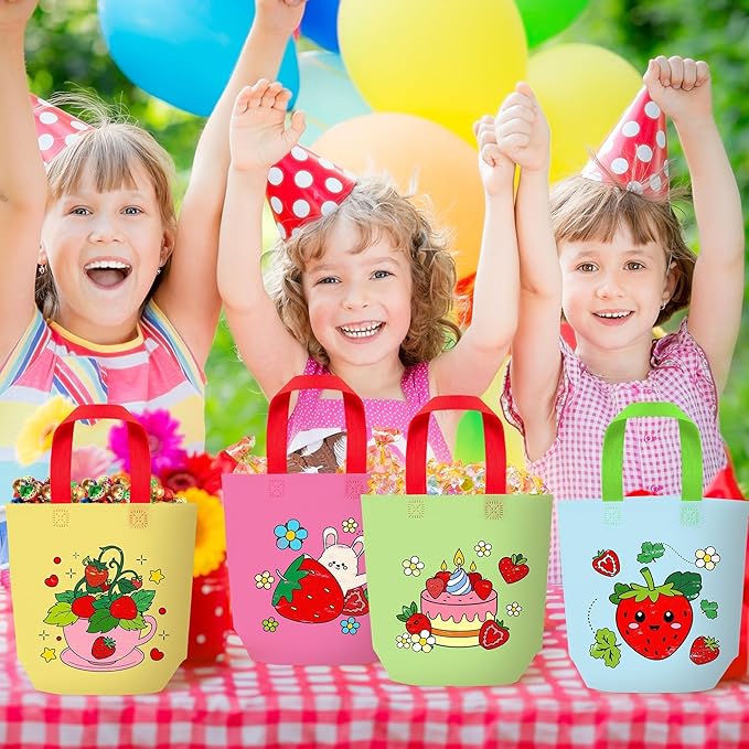 Strawberry Coloring Goodie Bags for Kids - 24Pcs Valentine's Day Strawberry Bulk Color Your Own Gift Bags with Handle FruitsTheme Reusable Coloring Bag Non Woven Tote Bag for DIY Crafts Party Favors