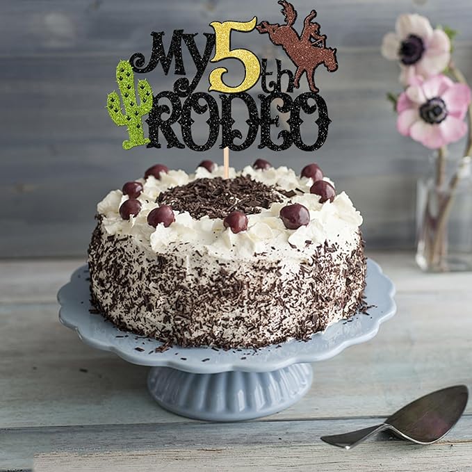 1 PCS My 5th Rodeo Cake Topper Brown Glitter Cactus Five Birthday Cake Pick Decoration for Western Little Cowboy Theme Baby Shower Kids 5th Birthday Party Cake Decorations Supplies