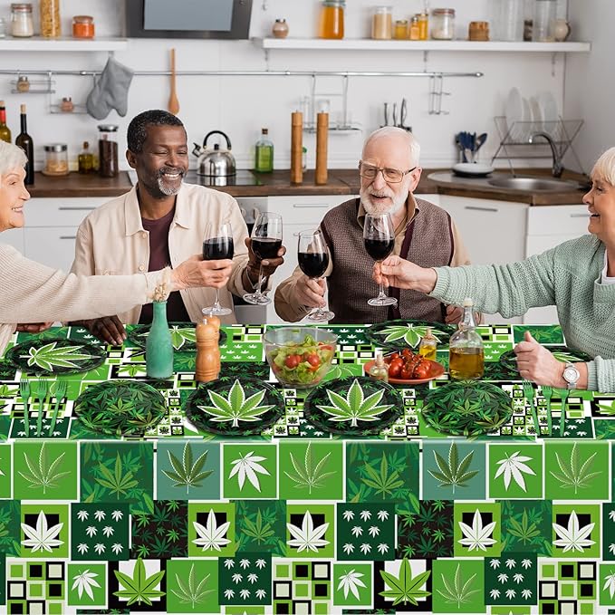 Gisgfim 98 Pcs Weed Themed Party Supplies - Green Pot Leaves Birthday Party Plates, Tablecloth & Decorations for Adults - Tableware Paper Forks, Napkins & Plates for 24 Guests