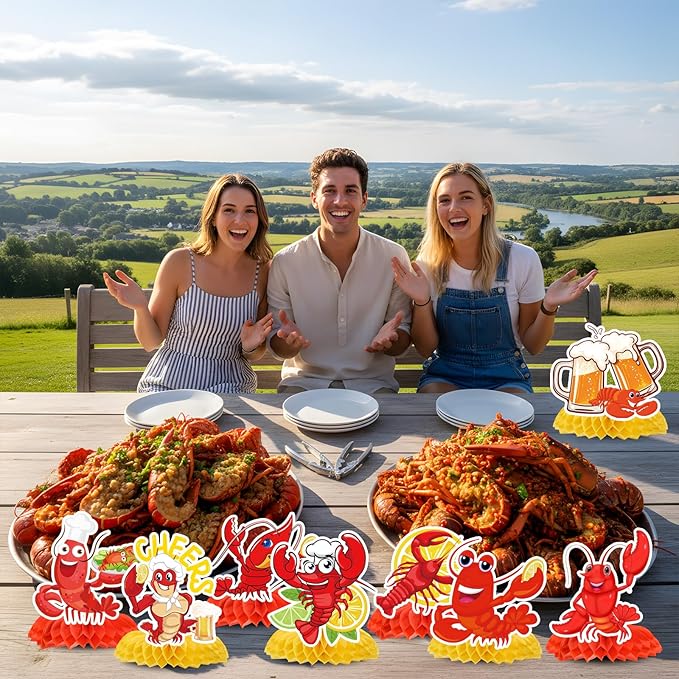 Gameza Crawfish Boil Party Decorations, 12PCS Crawfish Honeycomb Centerpieces Table Birthday Decoration, Crayfish Crab Seafood Shrimp Theme Bday Decor Supplies for Baby Shower