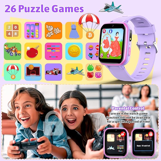 zicor Kids Game Watch Gift with 26 Puzzle Games, Dual Camera, Music Player, Pedometer, Video Recorder, Flashlight, Alarm Clock,Educational Toy for Boys Girls Age 4-12 Years Old,Birthday
