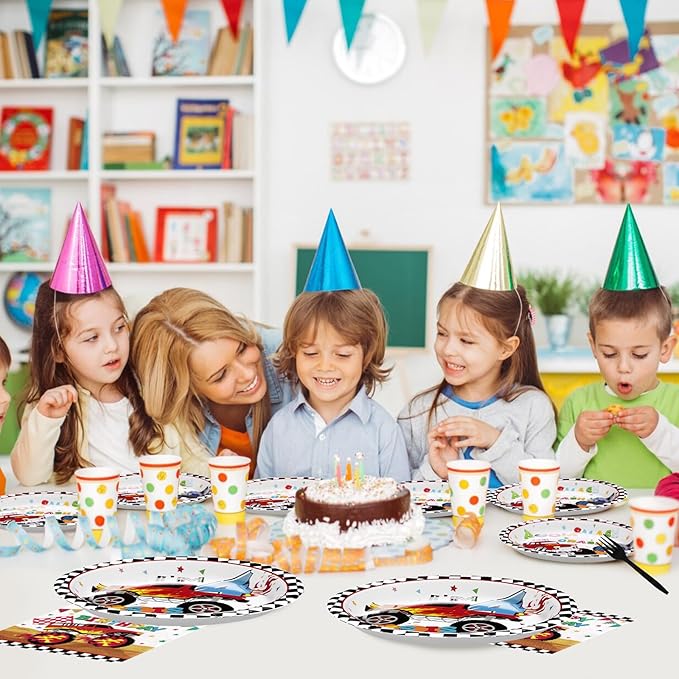 96 Pcs Monster Theme Truck 4th Birthday Party Supplies Monster Theme Truck Plates and Napkins Checkered Tableware Set Monster Birthday Decorations for 4th Kids Boys Monster Theme Truck Party Serves 24