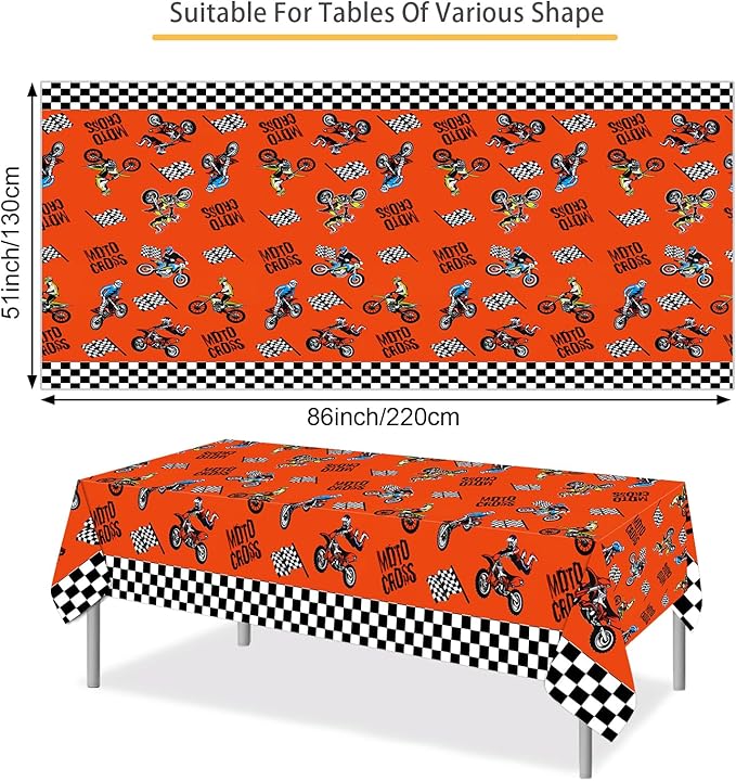 PHOGARY 3pcs Dirt Bike Table Cloth for Boys Men Birthday Party Decorations, Checkered Racing Motorcycle Disposable Plastic Rectangular Table Covers Motocross Moto Theme Party Favors Supplies 51x86Inch