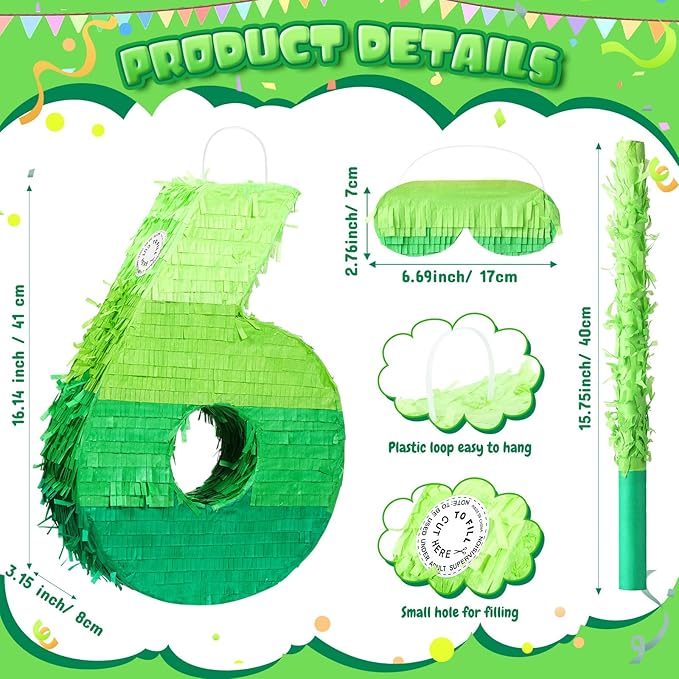 Number Piñata Decorations 16 Inch Gradient Green Piñata with Blindfold Stick and Confetti for Birthday Baby Shower Safari Jungle Themed Party Supplies Centerpiece(Number 6)