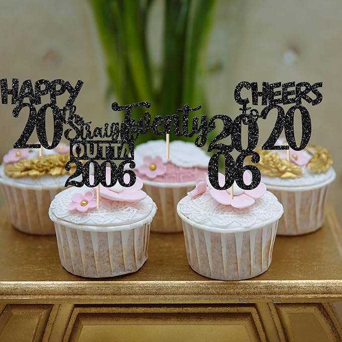 30PCS Black 20th Birthday Cupcake Toppers Glitter Twenty Happy 20th Straight Outta 2006 Cupcake Picks for Cheers to 20 Years Birthday Wedding Anniversary Party Cake Decorations Supplies