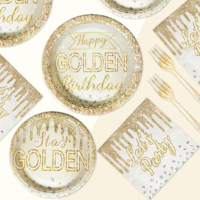96Pcs Happy Golden Birthday Party Supplies 350GSM Gold Silver Diamond Paper Plates and Napkins Tableware Sets Golden Birthday Party Decorations for Women Men Anniversary Wedding Party Favors Serve 24