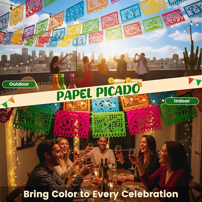 DomeStar 5PCS Mexican Party Banners, 18 Feet Plastic Fiesta Banner Cinco de Mayo Dia De Los Muertos Decor Day of the Dead Papel Picado for Mexican Party Supplies
