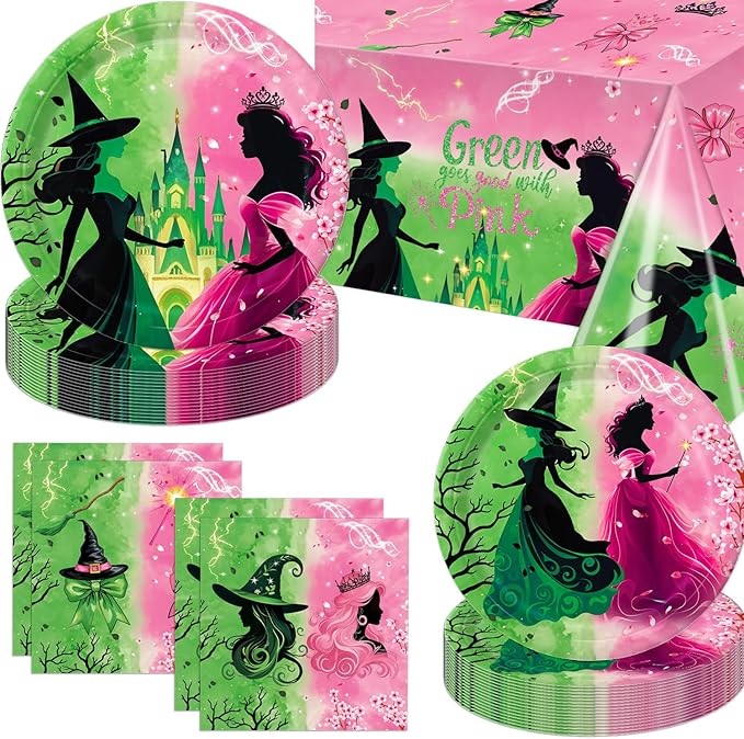41 PCS Pink and Green Witch Party Decorations Include Pink Plates, Green Plates, Napkins, Tablecloth for Witch Birthday Party Decorations