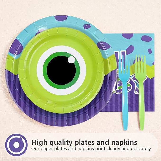 96Pcs Monster Baby Shower Party Supplies Monster Theme Party Plates and Napkins Disposable Green and Purple Cartoon Tableware Set for Kids Birthday Baby Shower Decorations Serves 24