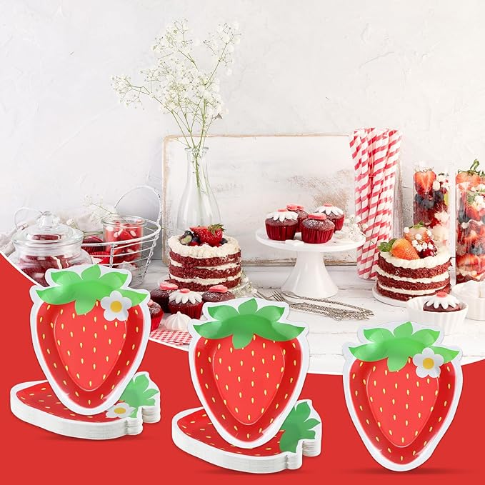 50 Count Strawberry Party Paper Plates Strawberry Theme Shortcake Dessert Cake Disposable Plates for Birthday Parties, Weddings, Baby Showers Decorations Supplies