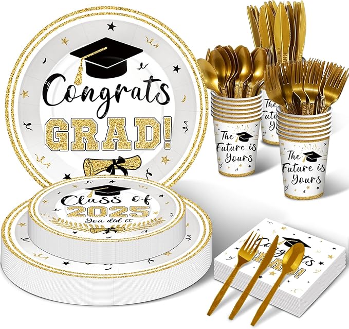 175 Pcs Graduation Tableware Set Party Supplies - Serves 25, Congrats Grad Class of 2025 Disposable Plates, Cups, Napkins, Forks, Spoons, Knives for High School, College Graduation, Prom Decorations