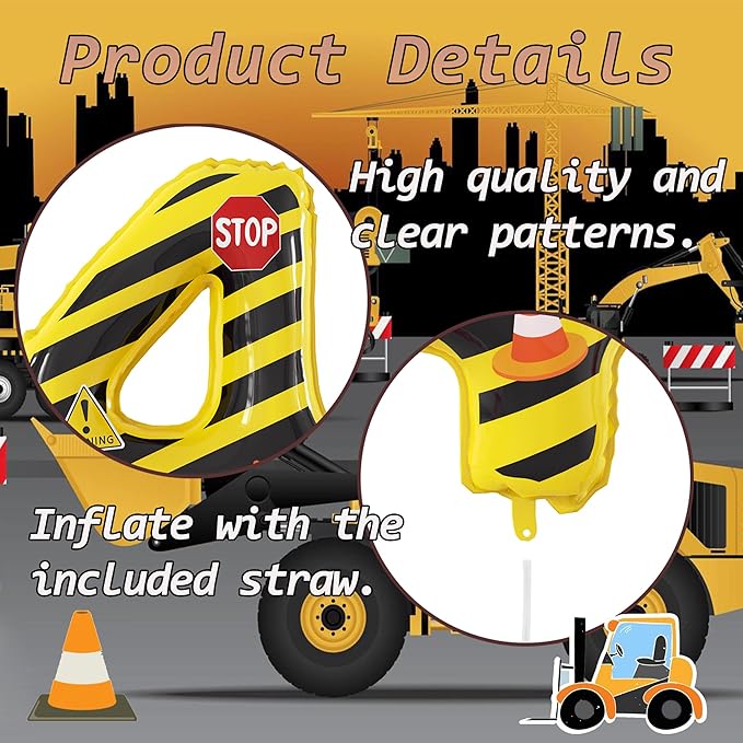 40 Inch Giant Construction Theme Number Balloons - Large Number 4 Balloons Yellow and Black Striped for Kids' Construction Birthday Anniversary Party Decorations Supplies Number 2-4 Balloon