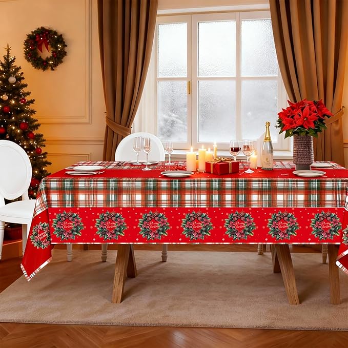 Plastic Christmas Tablecloth 54x108 Inch 3-Piece Set,Disposable Festive Red Poinsettia Pattern Holiday Dining Table Cloth for Christmas Party & Baby Shower Decorations
