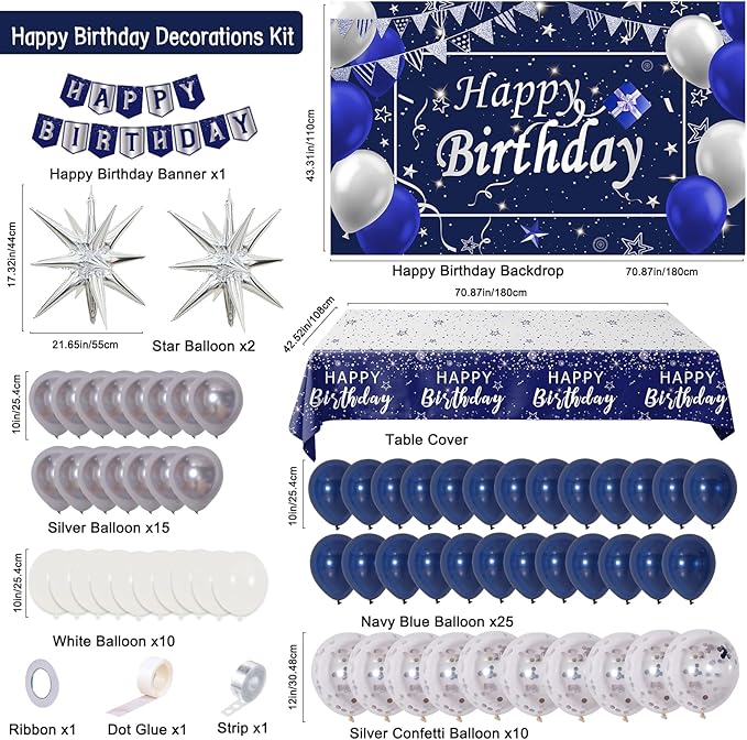 Navy Blue Birthday Decorations for Men Boys Women Girls, 80 PCS Blue and Silver Party Decorations, Happy Birthday Backdrop Banner Party Supplies Blue Silver Confetti Star Balloons Arch Tablecloth