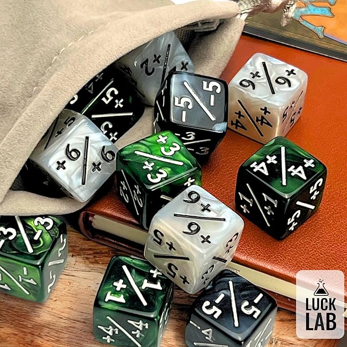 Luck Lab MTG Magic Life Counter Dice - 48 PCS Compatible w/Magic Card Game Accessories, CCG Creature Stats w/ 2 Dice Bags (Green Swirl, White Pearl, Black Pearl)