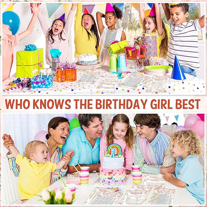 Fumete 100 Pcs Who Knows The Birthday Girl Best Cards with 20 Pre Pointed Pencils Set for 20 Guests, Girls Birthday Night Game Ideas, Girls Her Sleepover Party Supplies, 4 Activities(Rose)