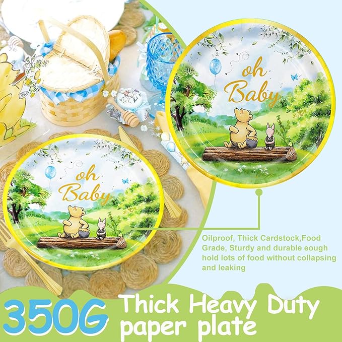 177pcs Vintage Winnie Bear Baby Shower Pooh Party Supplies Decorations Oh Baby Plates and Napkins Tableware Set for Boys Girls Newborn Kids Cups Tablecloth Banner Birthday Decorations for 25 Guests