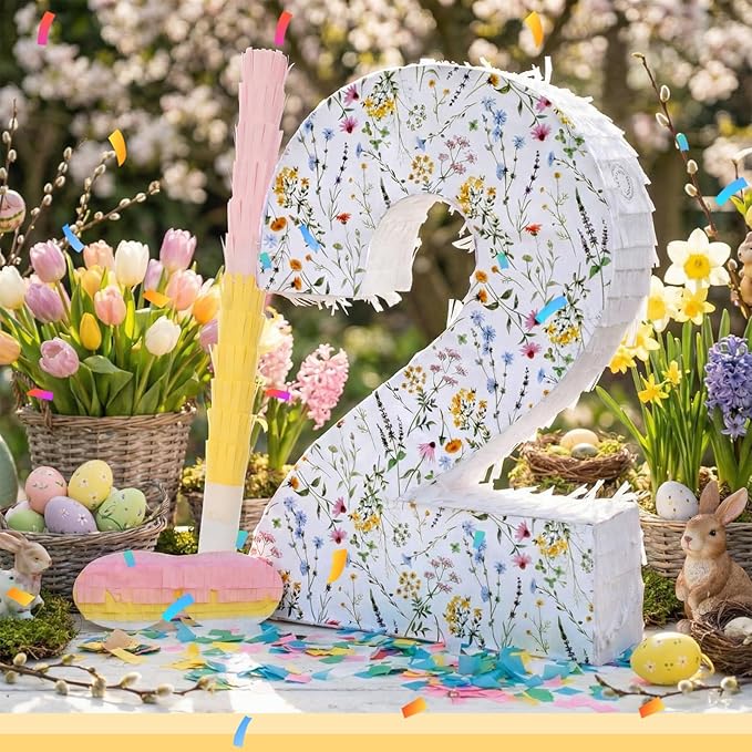 Wildflower Number Pinata Birthday Decorations Spring Floral Pinata with Stick Blindfold Confetti for Birthday Party Supplies Baby Shower Decor(Number 2)
