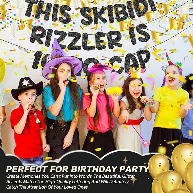 Fulmoon Pre Strung This Skibidi Rizzler Is 10 No Cap Glitter Banner 10th Birthday Party Decorations, Funny Birthday Sign, Party Supplies, Ideas, Gifts(Black)