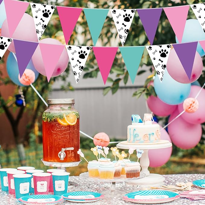 Tiamon 5 Pcs Blue and Pink Dog Paw Birthday Banner Decoration Purple and Puppy Paw Print Pennant Bunting 49.2 Ft Puppy Print Triangle Flag for Boy and Girl Birthday Dog Baby Showers Party Decoration