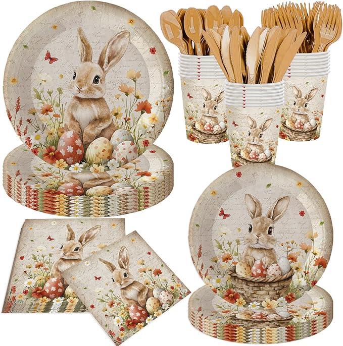 140Pcs Easter Day Party Supplies Vintage Rabbit Plates and Napkins Easter Party Decorations Tableware Set Bunny Easter Egg Paper Plates Birthday Tea Party Bunny Plates, Serves 20 Guests
