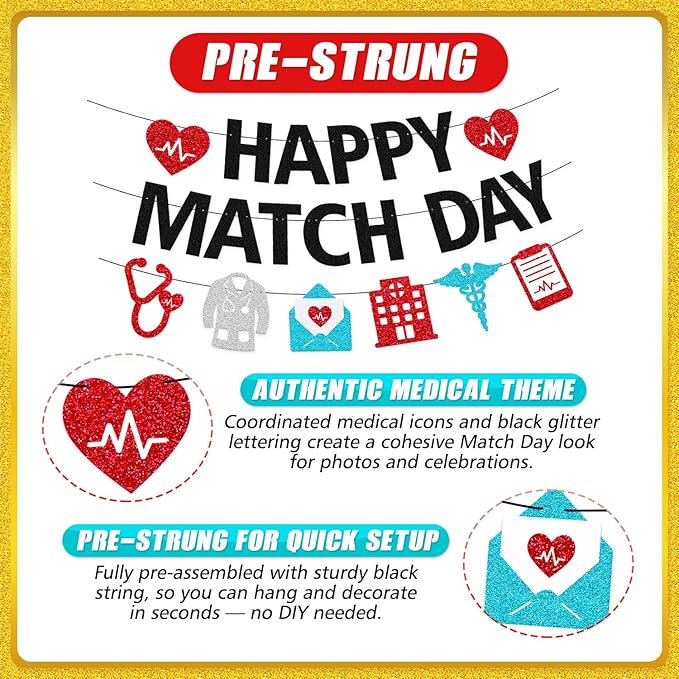 Happy Match Day Banner Medical Residency Match Day Party Decorations for Future Doctor Medical School Graduation Party Supplies (Black)