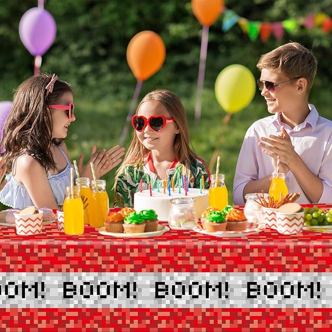 3PCS Pixel Party Table Cover for Video Game Themed Birthday Decoration Pixel Gaming Birthday Tablecloth Waterproof Gamer Mining Tablecloth for Kids Gamer Mining Party Supplies Decorations