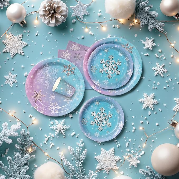 96Pcs Snowflake Plates and Napkins and Cups Kids Birthday Party Gradient Color Disposable Paper Plates for 24 Guests Picnic Baby Shower Tea Party Supplies