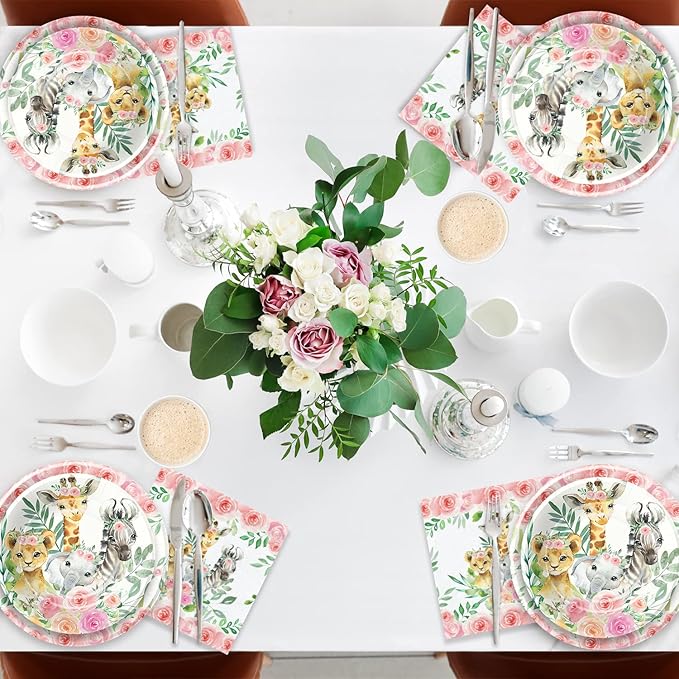 Safari Birthday Decorations Tableware Girl, Jungle Theme Party Supplies, Plate, Cup, Napkin, Tablecloth, Cutlery, Straw, Safari Jungle Animal Birthday Baby Shower Party Decorations | Serve 24