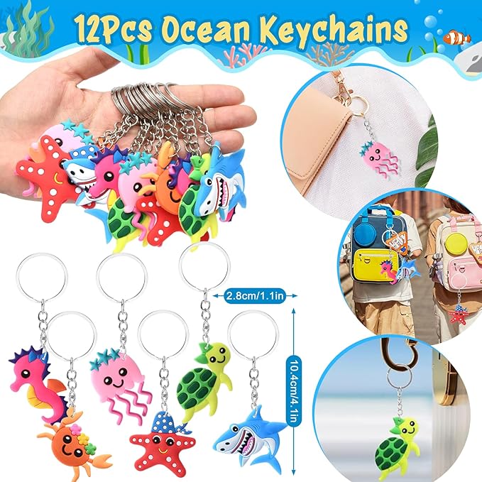 Winrayk 12 Sets Under the Sea Party Favors Birthday Supplies for Kids, Sea Animal Drawstring Bags Silicone Wristbands Luminous Stickers Keychain, Goodie Bag Stuffers Ocean Themed Party Favors Supplies