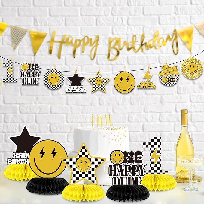 Outus 9 Pcs One Happy Dude Birthday Decoration One Happy Dude Honeycomb Centerpiece 1st Cool Birthday Table Decorations Smile Face Table Toppers Centerpieces for Baby Shower Party Supplies Decor