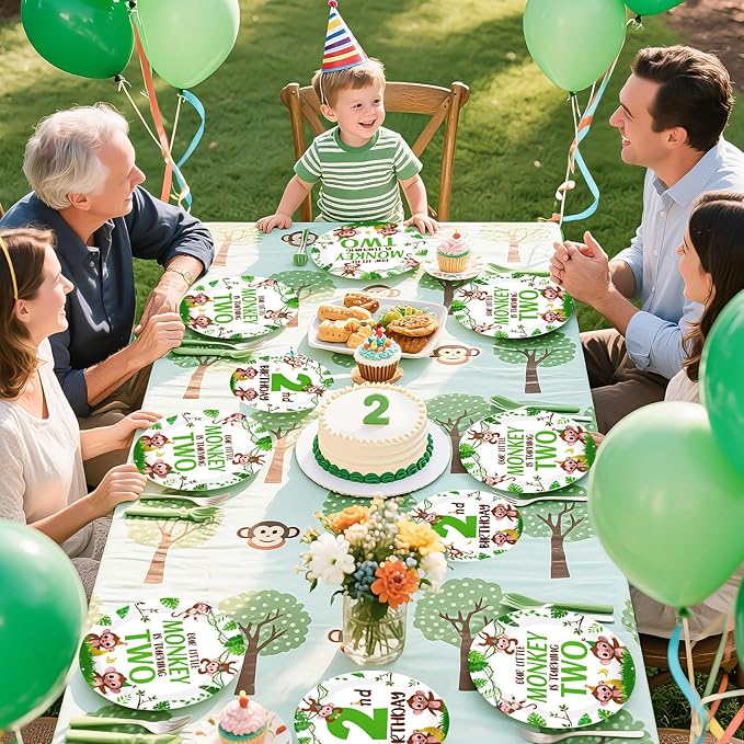 96Pcs Monkey 2nd Birthday Decorations Jungle Wild Animal Plates and Napkins Monkey Theme Disposable Paper Tableware Set for Boys Girls Two Years Old Birthday Party Supplies Serves 24