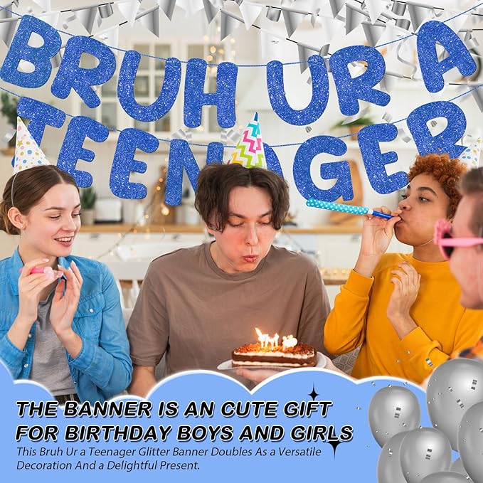 Fulmoon Pre Strung Bruh Ur a Teenager Glitter Banner 13th Birthday Banner Decorations for 13 Year Old Teen Birthday Party Favors Supplies for Boy Girl(Navy Blue)