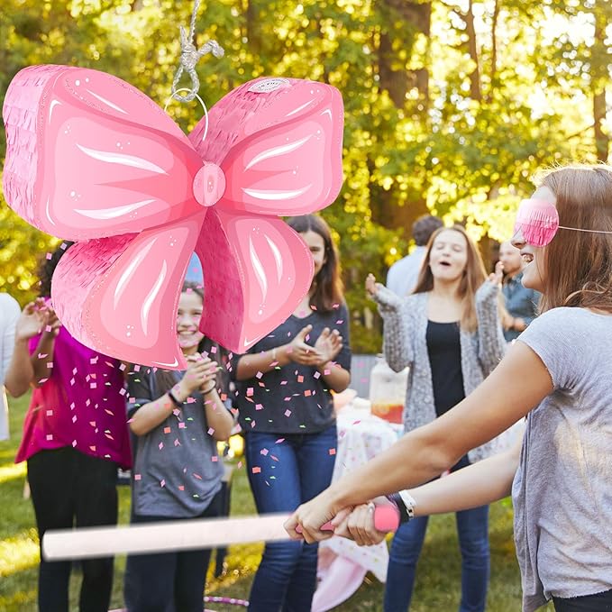 Hooqict Pink Bow Pinata with Blindfold and Bat Stick Pink Girls Pinata for Birthday Party Girls Kids Bow Birthday Party Supplies Decorations (Small Size 16"x13"x3")