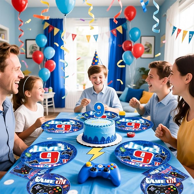 96Pcs 9th Video Game Birthday Party Decorations Blue Video Game Level 9 Birthday Plates and Napkins Tableware Sets for Kids Boys 9 Years Old Gamer Gaming Party Favors Serves 24