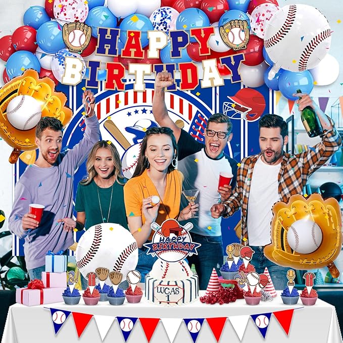 Baseball Birthday Party Decorations, 64 PCS Baseball Party Supplies Kit, Include Backdrop, Happy Birthday Banner, Balloons, Cupcake, Cake Toppers