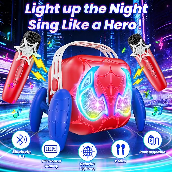 Karaoke Machine for Kids, Red & Blue Glowing Eyes & Rhythm Light, 5 Magic Voice, 2 Wireless Mini Microphone, Portable Bluetooth Speaker, Easter Basket Stuffers Boys Gifts Age 3 4 5 6 7 8 9 10 11 12