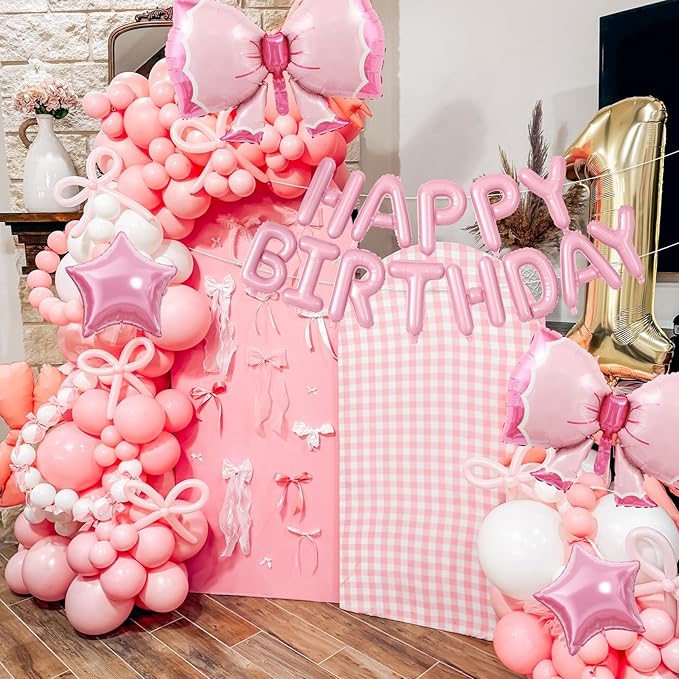 29PC Bow Happy Birthday Balloon Banner, 16Inch 3D Aluminum Letter Banner Sign, White Pink Printed Balloon 18 Inch Pink Star Foil Balloons for Bow Birthday Party Decorations