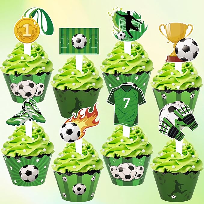 48 Pack Soccer Cupcake Toppers and Wrappers, Soccer Ball Party Cake Decoration for Sport Theme Birthday Party Baby Shower Supplies