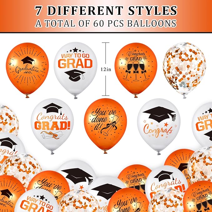 Whaline 60Pcs Graduation Party Balloon Set 7 Designs Orange White Confetti Latex Balloon with 2 Rolls Ribbon Grad Cap Congrats Grad Balloon for Graduation Party Decoration Supplies
