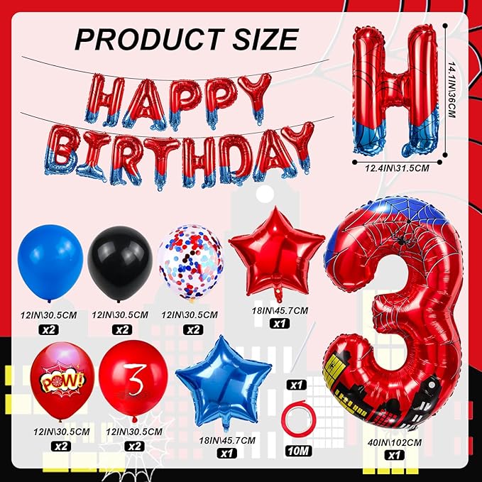 Cartoon Hero 40 Inch Red and Blue Spider Theme Number Foil Birthday Decoration Balloon, Spider Theme Happy Birthday Banner Party Decoration Balloon, Letter Logo Superhero Party Supplies (3)