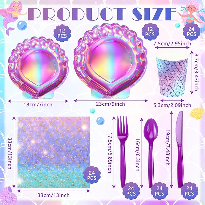 Cunhill 144 Pcs Iridescent Pink Mermaid Party Birthday Supplies Paper Tableware Hot Pink Purple Holographic Mermaid Plates Napkins Cups Spoons Fork Knives Under The Sea Dinnerware Set
