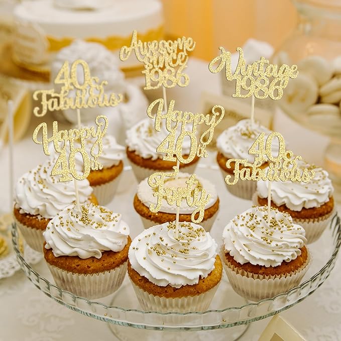 30Pcs Vintage 1986 Cupcake Toppers Glitter Forty Happy 40th Birthday 40 Fabulous Cupcake Picks Cheers to 40 Years for 40th Birthday Wedding Anniversary Party Cake Decorations Supplies Gold